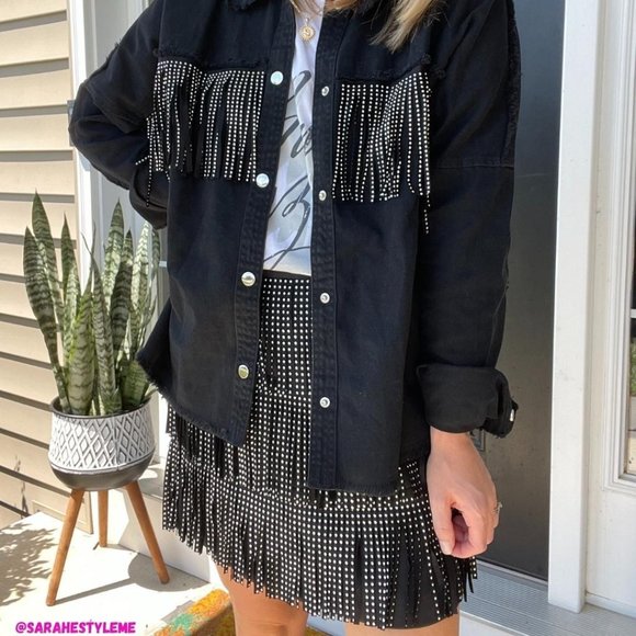 Main Strip Stud Fringe Raw Hem Oversized Black Denim Jacket Shacket CJ60713 - Picture 2 of 16